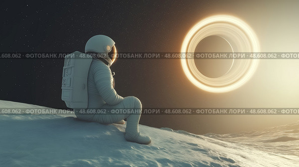 Astronaut gazes at distant sun while sitting on lunar surface during a serene moment in space. Стоковое AI-изображение, AI-художник Михаил Коханчиков / Фотобанк Лори