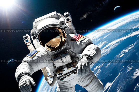 Astronaut on a spacewalk against earth backdrop. Space explorer in a white suit hovers above earth, capturing the vastness of space. Стоковое AI-изображение, AI-художник Aleksandr Golubev / Фотобанк Лори