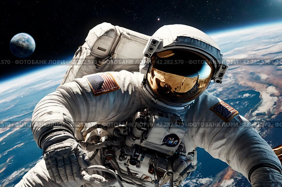 Astronaut on a spacewalk against earth backdrop. Space explorer in a white suit hovers above earth, capturing the vastness of space. Стоковое AI-изображение, AI-художник Aleksandr Golubev / Фотобанк Лори
