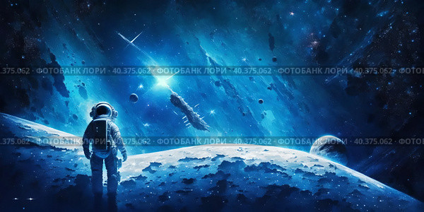 Astronaut on the surface of the planet. April 12 - Cosmonautics Day. Стоковое AI-изображение, AI-художник Сергей Елизарьев / Фотобанк Лори