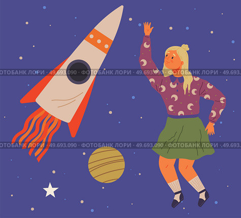 Astronaut woman with jet backpack flying among planets and rockets. Lady dressed as spaceman dreams about space. Girl with self made jetpack flying to sky. Person in costume of space explorer. Astronaut woman with jet backpack flying among planets. Lady dressed as spaceman dreams about space. Стоковая иллюстрация, агентство Ingram Publishing / Фотобанк Лори