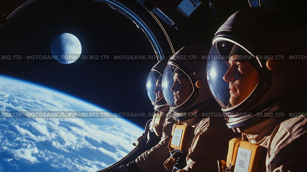 Astronauts looking at Earth planet from a space station during a mission in low Earth orbit. Стоковое AI-изображение, AI-художник Михаил Коханчиков / Фотобанк Лори