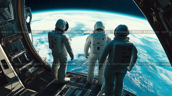 Astronauts looking at Earth planet from a space station during a mission in low Earth orbit. Стоковое AI-изображение, AI-художник Михаил Коханчиков / Фотобанк Лори