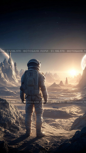 Астронавт на инопланетной местности. Стоковое AI-изображение, AI-художник Екатерина Коробкова / Фотобанк Лори