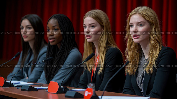 At a conference, four diverse women engage in a panel discussion, expressing their viewpoints and expertise while addressing a captivated audience. Стоковое AI-изображение, AI-художник Данила Большаков / Фотобанк Лори