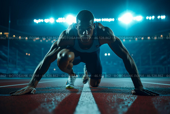 Athlete prepares for sprint on track at night with stadium lights illuminating the scene. Стоковое AI-изображение, AI-художник Sergey Grishin / Фотобанк Лори