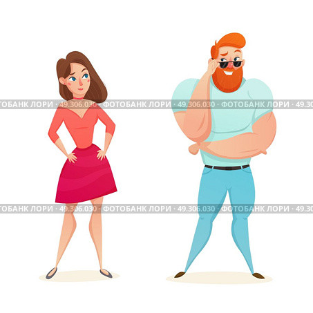 Athletic Macho Flirting With Young Girl . Cartoon figurines of athletic muscular macho flirting with young girl flat isolated vector illustration. Стоковая иллюстрация, агентство Ingram Publishing / Фотобанк Лори