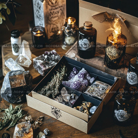 Atmosphere of mysticism and esotericism. Various objects related to magical rituals are placed on the wooden surface: an open box with crystals (amethyst, quartz), dried herbs, mysterious packages and glass bottles with mysterious liquids. One of the bottles is burning, creating the effect of a mysterious glow. Candles, runes, herbs and amulets are located around, creating a magical atmosphere. Стоковое AI-изображение, AI-художник Анна Кривицкая / Фотобанк Лори
