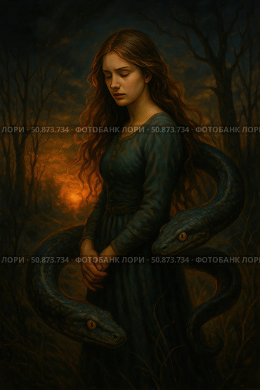 Atmospheric artistic portrait of a young woman with long wavy hair standing in a dark forest against the backdrop of the sunset sky. Two snakes are wrapped around her figure, symbolizing mystery, inner strength and archetypal images. The work is done in a painterly manner with a warm and mystical color scheme, creating a sense of an ancient tale or myth. Ideal for book covers, music albums, esoteric and mystical projects. Стоковое AI-изображение, AI-художник Анна Кривицкая / Фотобанк Лори
