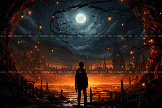 Atmospheric digital illustration in the fantasy and post-apocalyptic genre. A lone figure stands on the shore in front of a ruined city, engulfed in sunset light. Above him is a huge night sky with a full moon, interwoven with silhouettes of a broken clock face, branches and floating lights. The work is full of dramatic contrasts of warm and cold shades, conveying a sense of fateful choice, an end and a new beginning. Ideal for posters, book covers, games, music albums and fantasy projects. Стоковое AI-изображение, AI-художник Анна Кривицкая / Фотобанк Лори