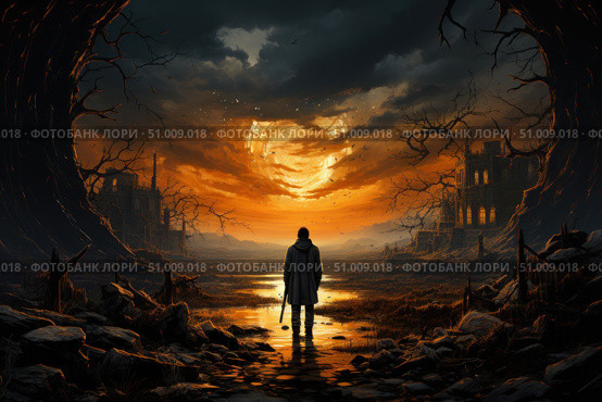 Atmospheric digital illustration in the genre of post-apocalyptic or dark fantasy. A lone man with a weapon in his hands stands in front of a destroyed, scorched world, watching a giant glowing funnel in the sky. Around are gloomy ruins, dried trees and flooded lands. The picture is filled with drama, anxiety and a sense of the last choice or great destiny. Ideal for themes: post-apocalyptic, loneliness, battle of light and darkness, choice, heroism. Стоковое AI-изображение, AI-художник Анна Кривицкая / Фотобанк Лори