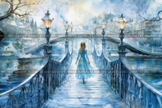 Atmospheric digital illustration in watercolor technique. A girl in a light blue dress walks along a snow-covered bridge in a winter city, illuminated by the soft light of street lamps. The magical and slightly melancholic scene evokes associations with a fairy tale, a romantic journey and loneliness. Suitable for book covers, postcards, fantasy and romantic stories, illustrations for winter fairy tales and cinematic projects. Стоковое AI-изображение, AI-художник Анна Кривицкая / Фотобанк Лори