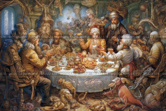 Atmospheric illustration in a fairy-tale style, depicting a noisy feast at a round table. In the center of the composition is an elegant woman in a golden dress raising a glass, surrounded by men in fantastic historical costumes. On the table is an abundance of dishes, pastries, drinks and delicacies. Characters with characteristic faces, beards and unusual clothes have gathered around, creating the feeling of a medieval feast or a scene from a fantasy fairy tale. The illustration is rich in details, with decorative elements, warm tones and a fairy-tale atmosphere. Стоковое AI-изображение, AI-художник Анна Кривицкая / Фотобанк Лори
