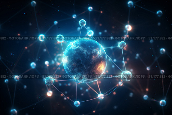 Atom with rotating electrons, energy and matter concept background. Стоковое AI-изображение, AI-художник Михаил Коханчиков / Фотобанк Лори