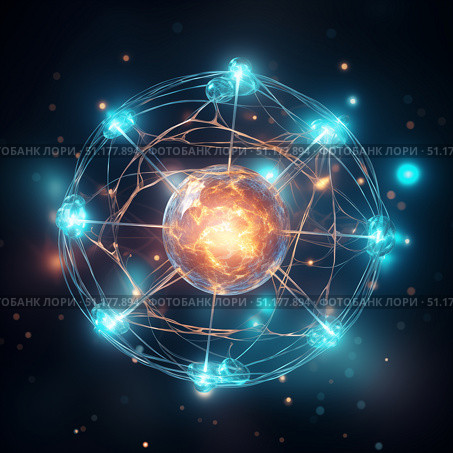 Atom with rotating electrons, energy and matter concept background. Стоковое AI-изображение, AI-художник Михаил Коханчиков / Фотобанк Лори