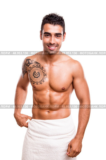 Attractive man posing with a white towel. Стоковое фото, агентство Ingram Publishing / Фотобанк Лори