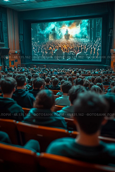 Audience fills the theater, captivated by a vibrant film on a giant screen, displaying an engaging story, creating a lively evening atmosphere. Стоковое AI-изображение, AI-художник Данила Большаков / Фотобанк Лори