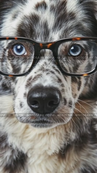 Australian shepherd dog wearing eyeglasses montage on white background. Стоковое AI-видео, аниматор Юрий Поздников / Фотобанк Лори