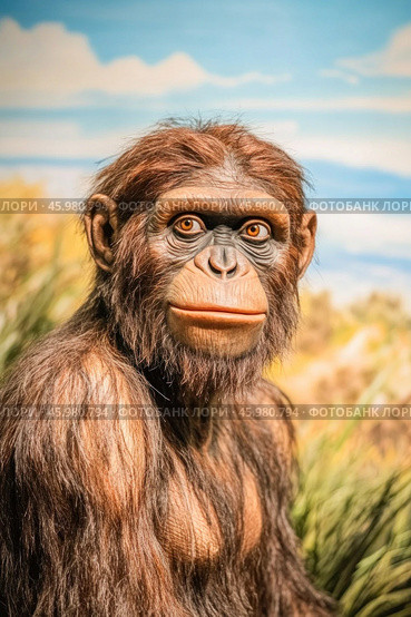 Australopithecus afarensis sitting in the grass and looking forward. Стоковое AI-изображение, AI-художник Юрий Поздников / Фотобанк Лори
