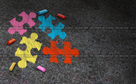 Autism awareness symbol concept and autistic development disorder as a symbol of a communication and social behavior psychology as a puzzle chalk drawing on asphalt in a 3D illustration style. Стоковое фото, агентство Ingram Publishing / Фотобанк Лори