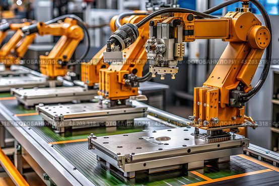Automated production of electronic devices. Modern robotic manipulators on the assembly line of chips and printed circuit boards at a modern electronics factory. Installing components on the board. Стоковое AI-изображение, AI-художник Photojuli / Фотобанк Лори