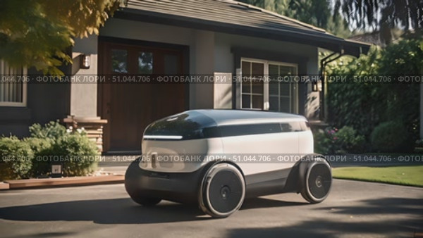 Autonomous robot maneuvers along a driveway, showcasing futuristic delivery technology in a residential area. Стоковое AI-видео, аниматор Данила Большаков / Фотобанк Лори