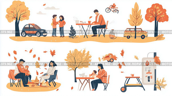 Autumn activities in a vibrant park featuring families enjoying nature, picnics, and leisurely strolls. Стоковое AI-изображение, AI-художник Сергей Толмачёв / Фотобанк Лори