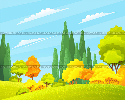 Autumn forest beautiful landscape with orange, yellow, green trees, bushes, grass, forest or wood, view at autumn scenery, beauty of day nature, background concept, nobody, colorful flat illustration. Autumn forest beautiful landscape with orange, yellow, green trees, bushes, grass, autumn forest or wood, view. Стоковая иллюстрация, агентство Ingram Publishing / Фотобанк Лори