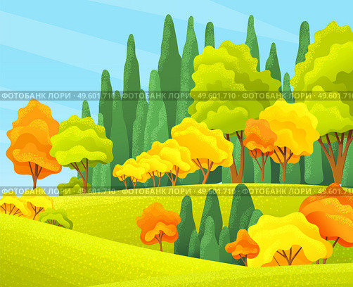 Autumn forest beautiful landscape with orange, yellow, green trees, bushes, grass, forest or wood, view at autumn scenery, beauty of day nature, background concept, nobody, colorful flat illustration. Autumn forest beautiful landscape with orange, yellow, green trees, bushes, grass, autumn forest or wood, view. Стоковая иллюстрация, агентство Ingram Publishing / Фотобанк Лори