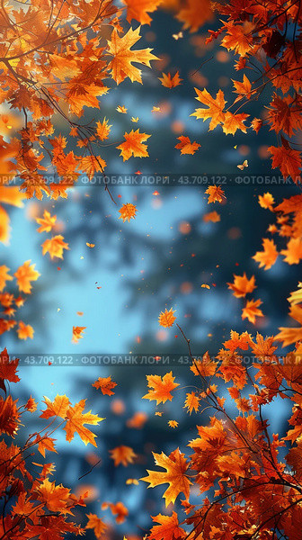 autumn frame background with free place for text, maple leaves decorate a beautiful nature thanksgiving, scenery yellow red seasonal colorful mock up, blue background. Стоковое AI-изображение, AI-художник Ирина Михайличенко / Фотобанк Лори