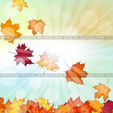 Autumn frame with blowing maple leaves over fall vanilla sky background with sunlight rays and glows. Elegant warm autumn leaf design. Vector illustration. Стоковая иллюстрация, агентство Ingram Publishing / Фотобанк Лори