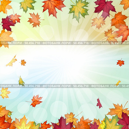 Autumn frame with blowing maple leaves over fall vanilla sky background with sunlight rays and glows. Elegant warm autumn leaf design. Vector illustration. Стоковая иллюстрация, агентство Ingram Publishing / Фотобанк Лори