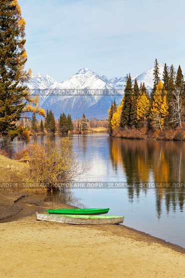 Autumn landscape with yellowed trees on the bank of a calm river against the backdrop of a snow-capped mountain range on a sunny day. Green fishing boats on the sandy shore. Change of seasons, calendar. Стоковое фото, фотограф Виктория Катьянова / Фотобанк Лори