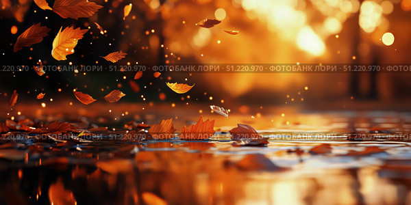 Autumn Leaves Reflect in Water During Sunset in a Serene Forest. Стоковое AI-изображение, AI-художник Юлия Гапеенко / Фотобанк Лори
