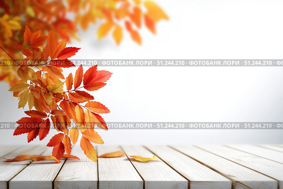 Autumn Leaves Wooden Surface. Стоковое AI-изображение, AI-художник Павлов Максим / Фотобанк Лори