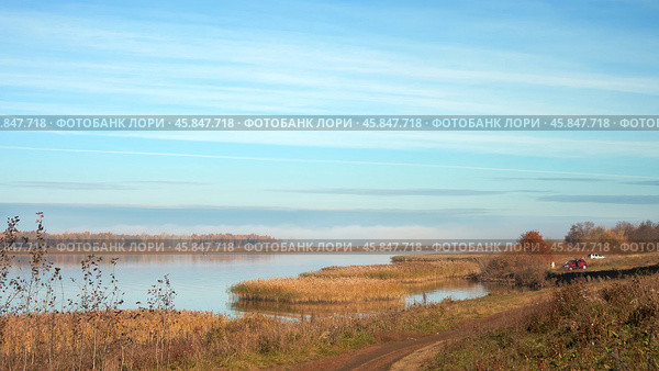 Autumn morning on the Kama River. A dirt road runs along the shoreline. There are thickets of reeds in the water. In the distance behind a small island with trees disperse remnants of fog. Стоковое фото, фотограф Роман Дзюбало / Фотобанк Лори