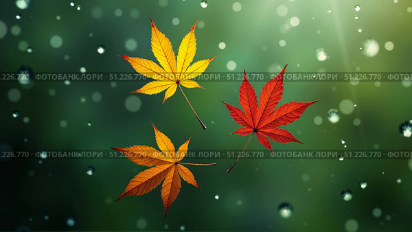 Autumn pattern. Three maple leaves are swirling in the air on a green blurred background with raindrops. AI generative. Стоковое AI-изображение, AI-художник Роман Дзюбало / Фотобанк Лори