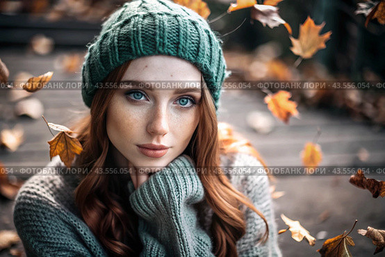 Autumn portrait. Close-up of a red-haired young woman with expressive green eyes in a knitted hat and sweater. Стоковое AI-изображение, AI-художник Photojuli / Фотобанк Лори