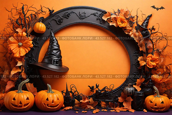 Autumn poster made of pumpkins, hats and Halloween attributes with copy space. Стоковое AI-изображение, AI-художник Мария Мороз / Фотобанк Лори