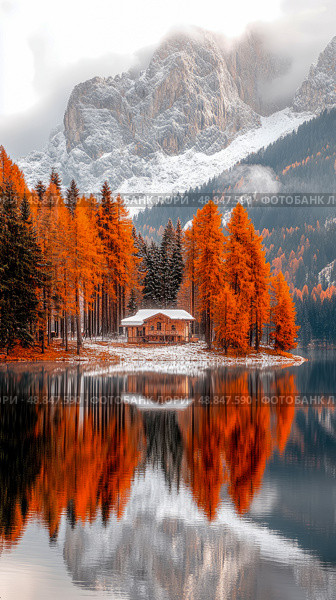 Autumn reflection: A quaint cabin beside a still lake mirroring vibrant fall foliage against a backdrop of snow-dusted mountains. Стоковое AI-изображение, AI-художник Данила Большаков / Фотобанк Лори