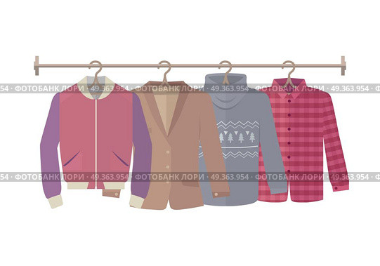 Autumn Sale Vector Concept in Flat Design. Autumn sale vector web banner. Flat design. Mens jacket, coat, sweater, warm shirt hanging on the hangers. Seasonal discounts in clothing store concept. For boutique promotions landing page design. Стоковая иллюстрация, агентство Ingram Publishing / Фотобанк Лори