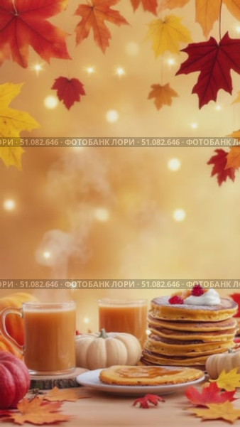 Autumn scene with pancakes, pumpkin, and warm drinks. Colorful leaves surround the table, creating a cozy atmosphere. Стоковое AI-видео, аниматор Nart / Фотобанк Лори