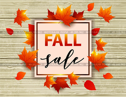 Autumn vector wooden background with orange maple leaves. Abstract golden frame for seasonal fall sale. . Стоковая иллюстрация, агентство Ingram Publishing / Фотобанк Лори