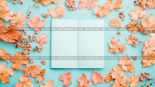 Autumnal Notion: Flat lay with open notebook surrounded by autumn leaves and small flowers on a light blue surface. Стоковое AI-изображение, AI-художник Данила Большаков / Фотобанк Лори