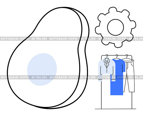 Avocado and gear icon with clothes hanging on rack. Ideal for healthy lifestyle, efficiency, technology, fashion, nutrition, wellness, minimalism themes. Line metaphor. Avocado, Gear, and Clothing Rack Illustration Representing Healthy Lifestyle and Efficiency. Стоковая иллюстрация, агентство Ingram Publishing / Фотобанк Лори
