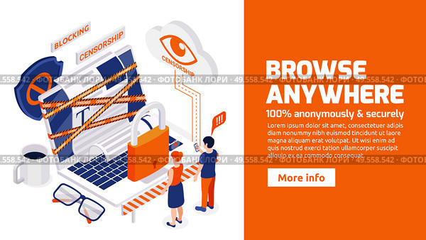 Avoiding internet censorship isometric web banner for secure anonymous browsing bypassing blocked sites and restrictions vector illustration. Стоковая иллюстрация, агентство Ingram Publishing / Фотобанк Лори