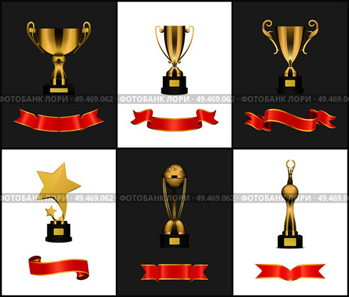 Award cups and winner statuette set with blank celebration ribbons on contrast backdrop. Goblet, rising star and planet figurine vector isolated.. Winner or Champion Golden Prizes and Awards Set. Стоковая иллюстрация, агентство Ingram Publishing / Фотобанк Лори
