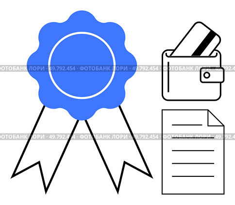 Award ribbon, wallet with a credit card, and a document symbolize recognition, finance, and documentation. Ideal for achievements, financial themes, business, organization documentation rewards. Blue Award Ribbon, Wallet with Credit Card, and Document Icon Representing Achievement and Organization. Стоковая иллюстрация, агентство Ingram Publishing / Фотобанк Лори