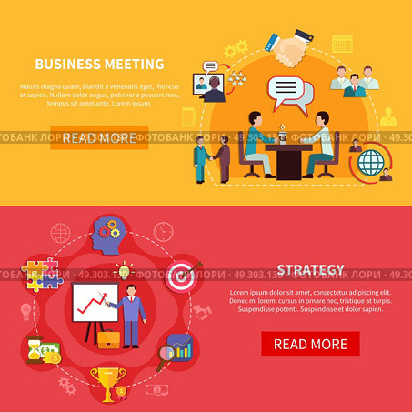 B2B Meetings Horizontal Banners. Business banners set with group meeting and strategy planning images with text and read more button vector illustration. Стоковая иллюстрация, агентство Ingram Publishing / Фотобанк Лори