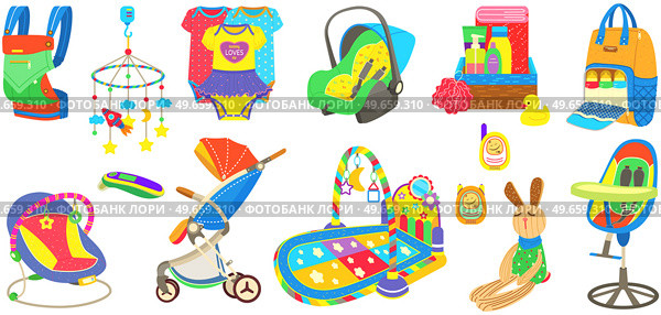 Baby care objects, newborn items supplies, set of icons. Devices for convenient pastime of mother with child. Clothing for children, educational, developing toys and items for transporting baby. Clothing for children, educational, developing toys, items for transporting, baby care objects icons. Стоковая иллюстрация, агентство Ingram Publishing / Фотобанк Лори